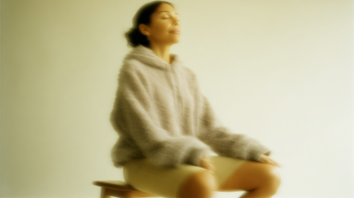 Minimalist meditation bench with woman sitting in aligned posture – calming atmosphere for spiritual rituals and sound healing