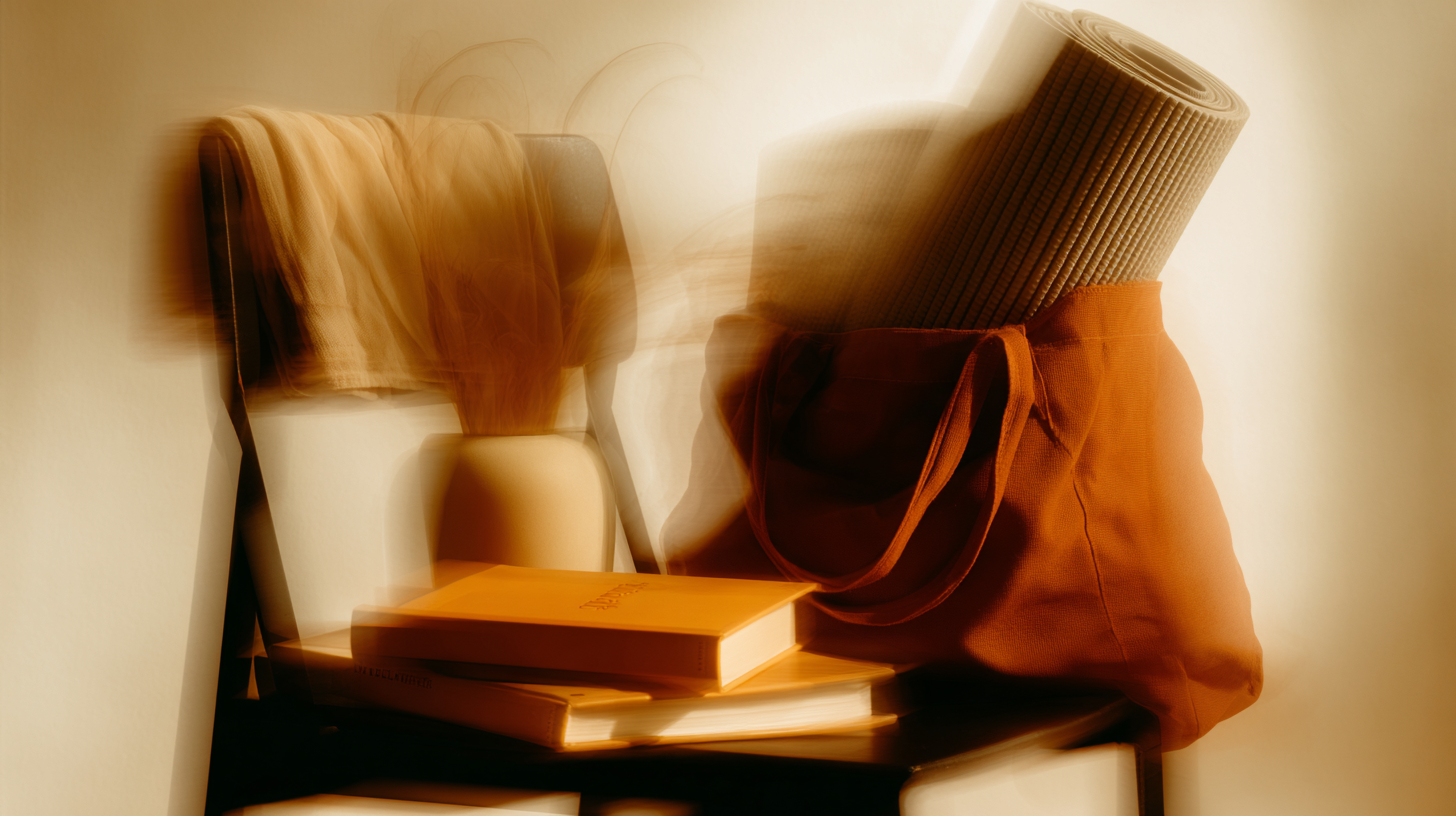 Yoga mat in rust-toned canvas bag with books and accessories on chair – warm light styling for functional and elegant yoga storage