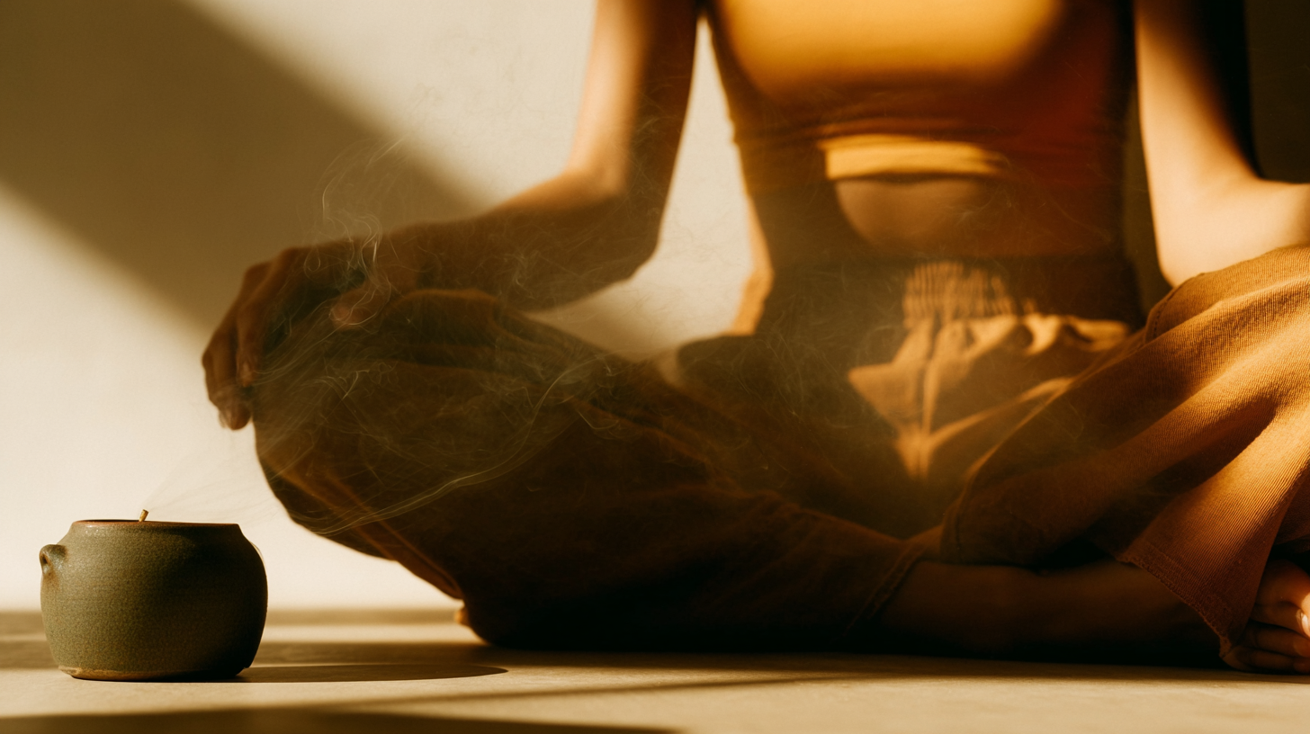 Woman meditating with in-stock yoga and wellness products