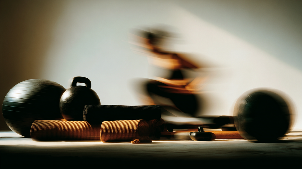 Yoga and pilates accessories including mats, kettlebells, and balance balls in natural light – curated tools for performance, recovery, and empowered movement