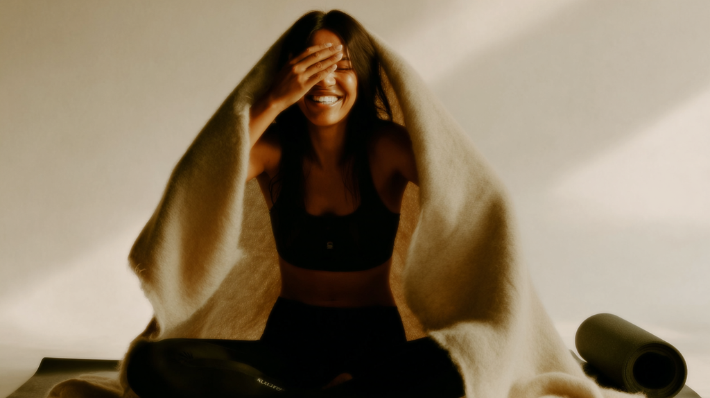 Smiling woman wrapped in soft beige yoga blanket on a mat – warm and mindful moment captured in natural light, part of Intunara wellness essentials