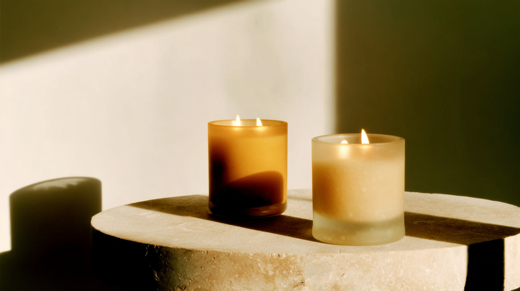 Two amber glass candles burning softly on natural stone slabs, surrounded by dry flowers and a ceramic bottle – a serene setup for meditation and mindful rituals.