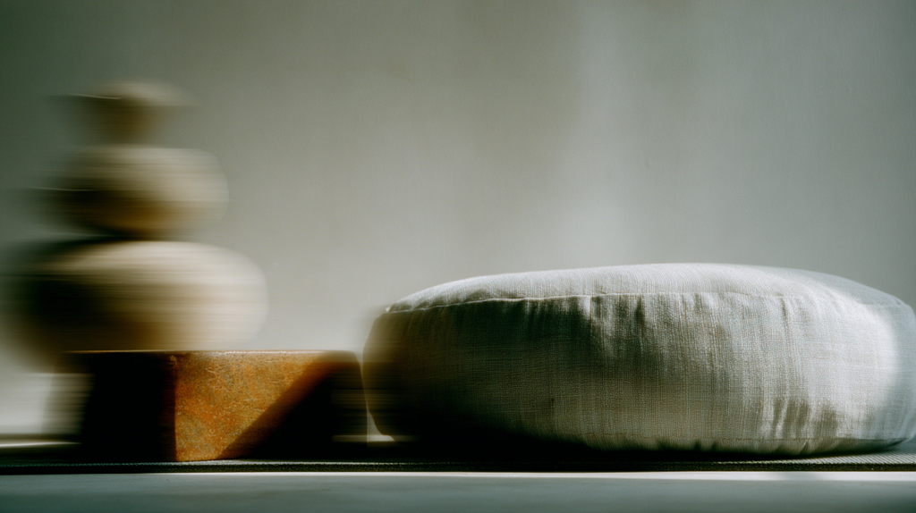 Minimal meditation cushion and zafu in soft light – natural fabric seat support designed for posture, stillness, and grounding presence