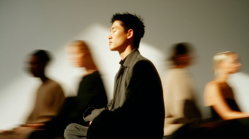 Man in deep meditation surrounded by blurred figures in soft light — representing focus, healing, and spiritual stillness through guided meditation tools.