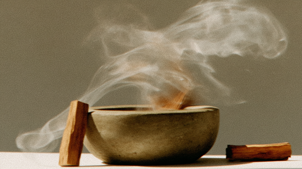 Palo santo and incense burning in handcrafted stone bowl with calming smoke rising – spiritual cleansing and meditation ambiance
