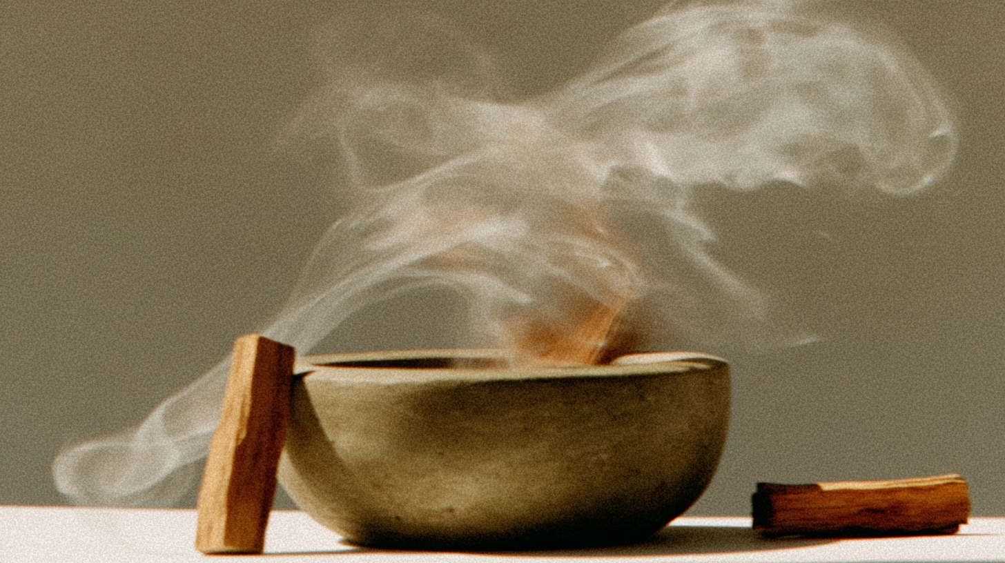Palo santo and incense burning in handcrafted stone bowl with calming smoke rising – spiritual cleansing and meditation ambiance