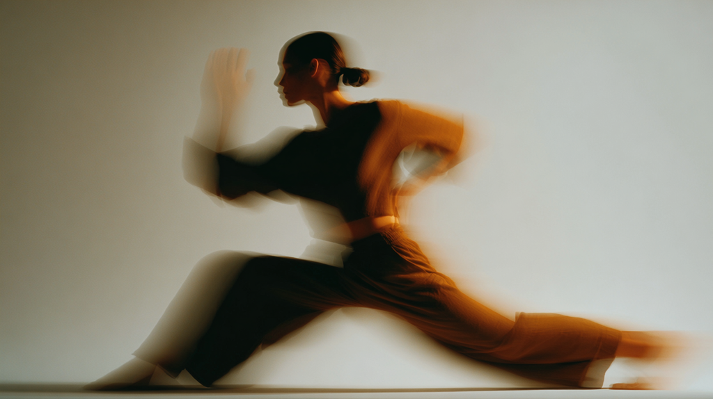 Woman practicing yoga surrounded by limited edition wellness products