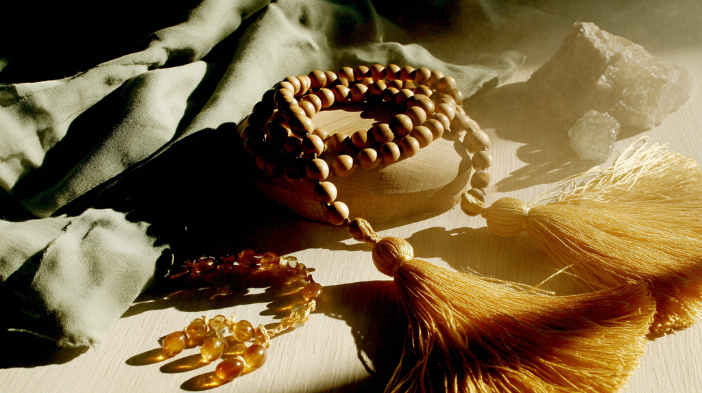 Luxury mala beads handcrafted from natural gemstones and sacred wood, styled on soft linen for spiritual rituals and elegant meditation.
