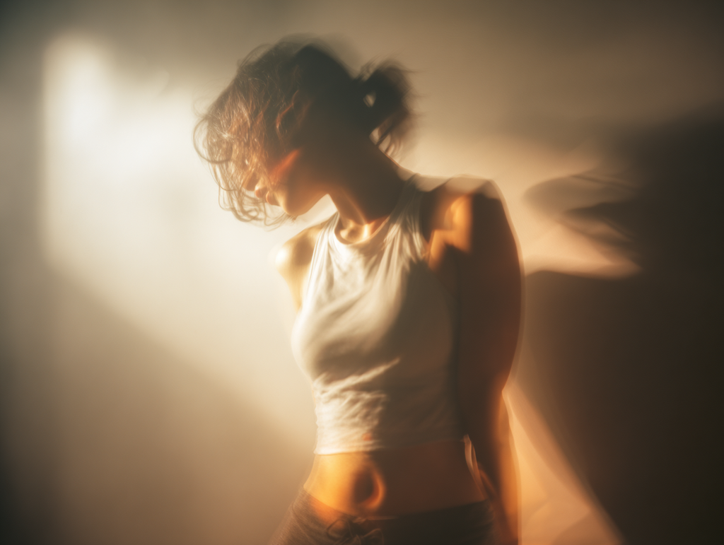 Ethereal woman in soft light wearing minimalist meditation clothing – conscious fashion for stillness, breath, and inner rituals