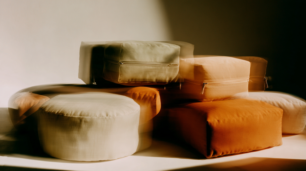 Meditation cushions and yoga props in soft natural light – stacked bolsters and supports in neutral and earth tones for grounding and alignment