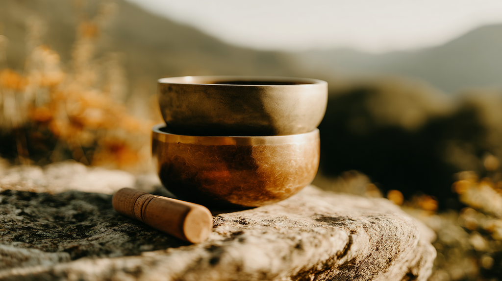 Two handcrafted sound bowls and a wooden mallet placed on a sunlit stone in nature, evoking peace, meditation, and vibrational healing.