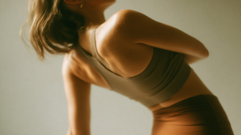 Elegant woman practicing  yoga in serene space showcasing luxury wellness products on sale