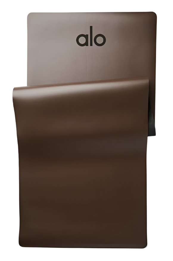 Unrolled espresso luxury ALO yoga mat showing smooth non-slip surface and premium texture
