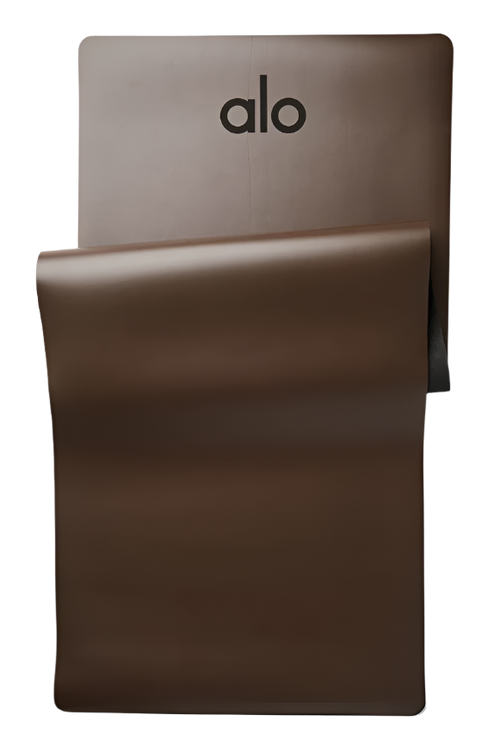 Unrolled espresso luxury ALO yoga mat showing smooth non-slip surface and premium texture
